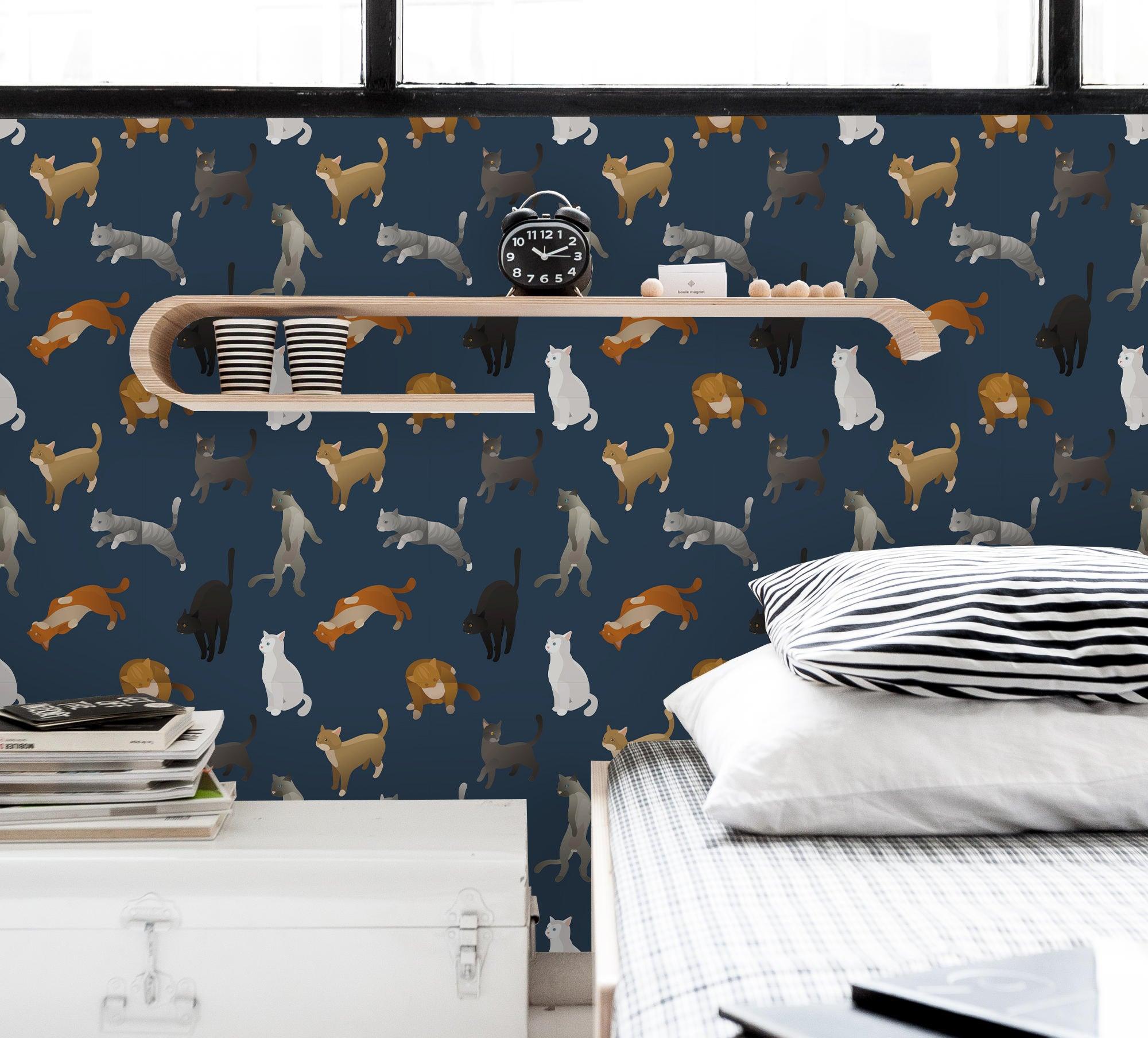 3D Cat Dark Blue Wall Mural Wallpaper 152- Jess Art Decoration