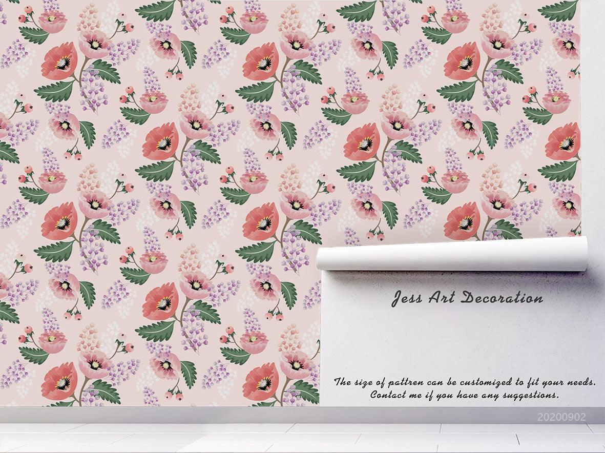 3D Hand Sketching Pink Floral Green Leaves Plant Pink Wall Mural Wallpaper LXL 1281- Jess Art Decoration