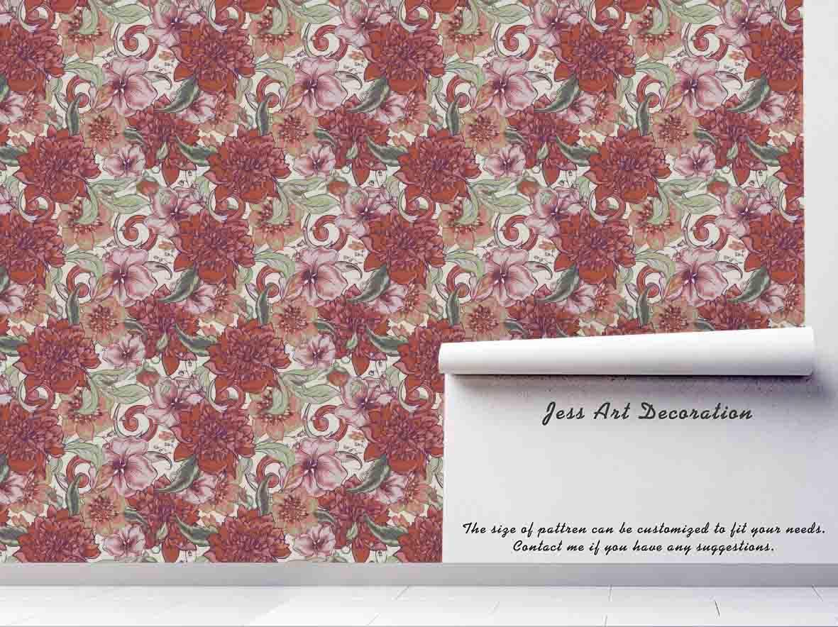 3D Hand Sketching Red Floral Leaves Plant Wall Mural Wallpaper LXL 1300- Jess Art Decoration