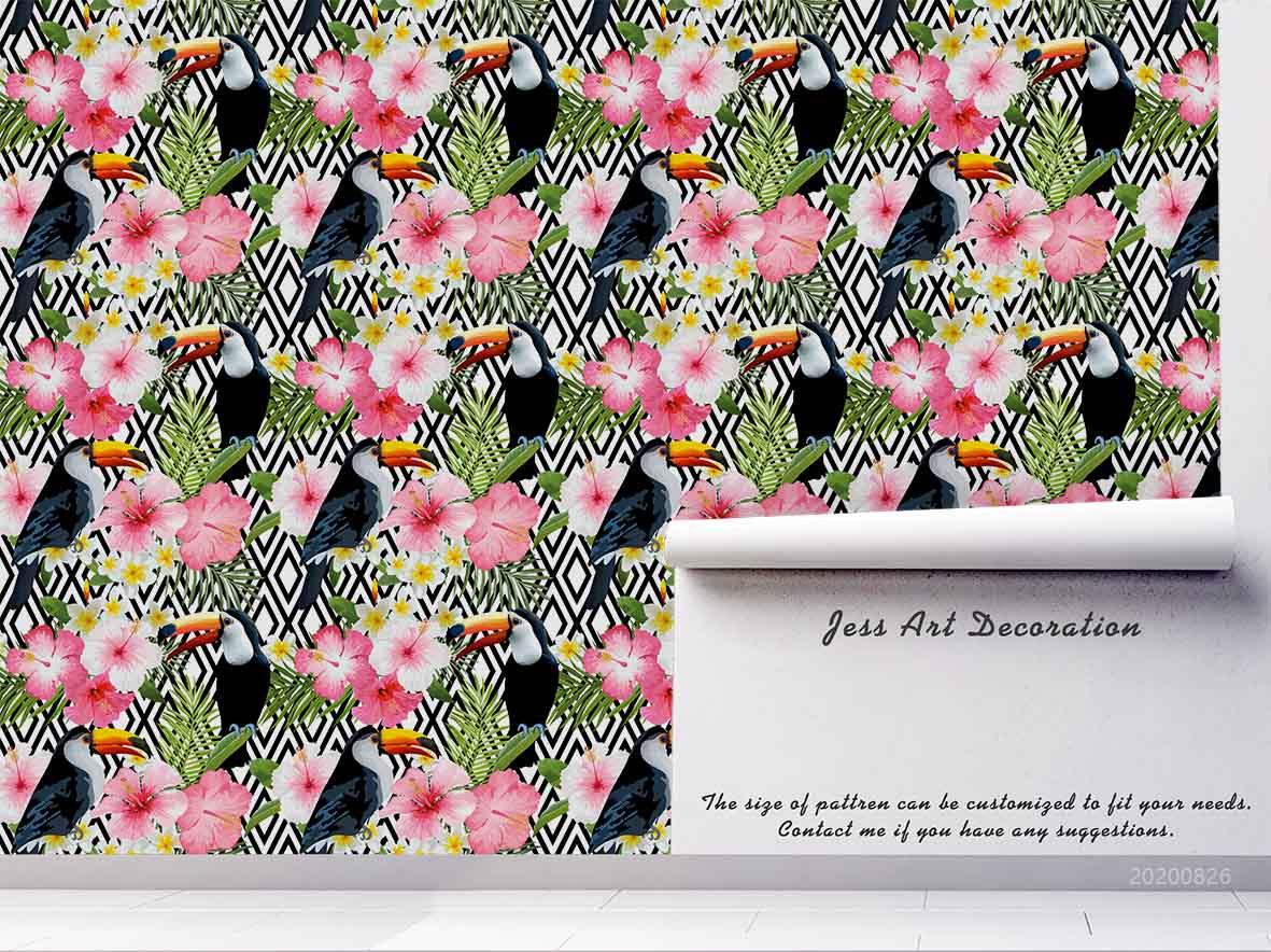 3D Hand Sketching Pink Floral Geometric Bird Wall Mural Wallpaper LXL 1333- Jess Art Decoration