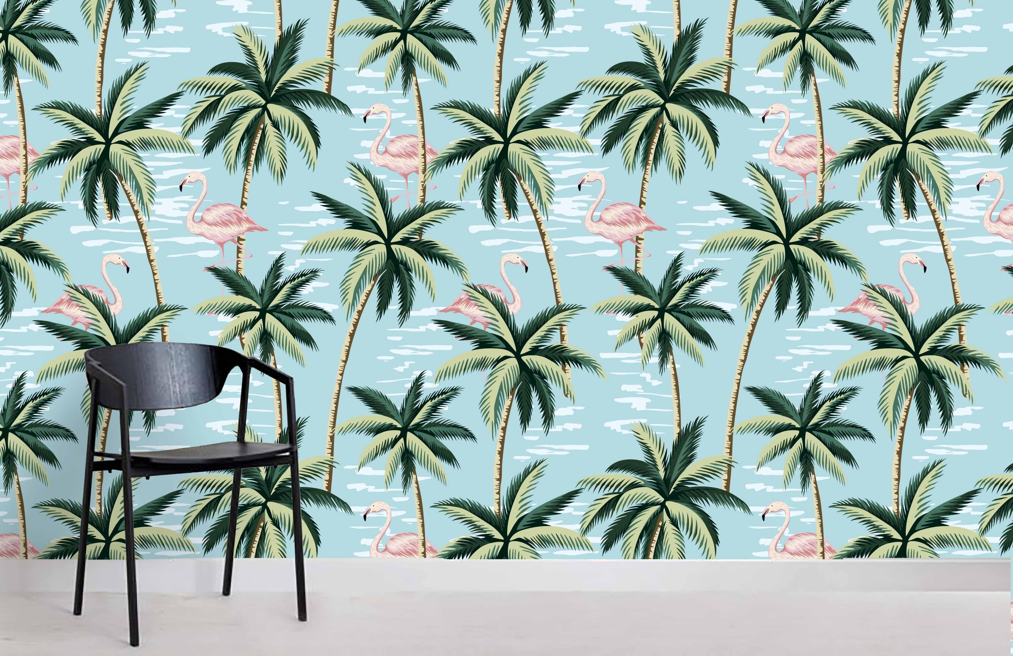 3D Tropical Plant Flamingo Blue Background Wall Mural Wallpaper 111- Jess Art Decoration