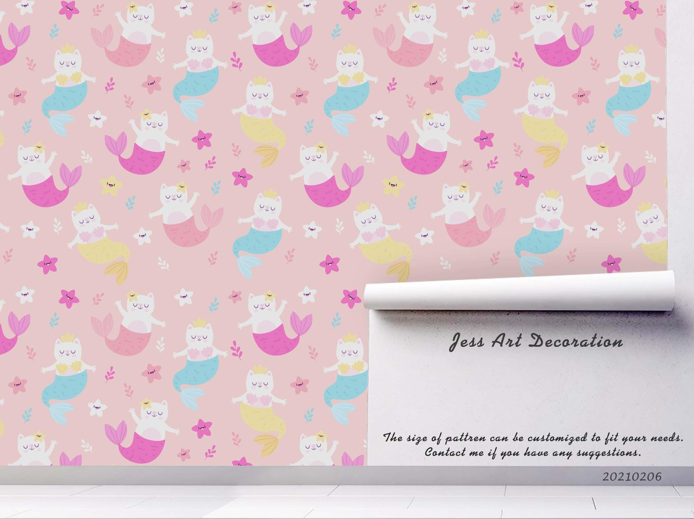 3D Cartoon Pink Mermaid Cat Wall Mural Wallpaper LQH 289- Jess Art Decoration