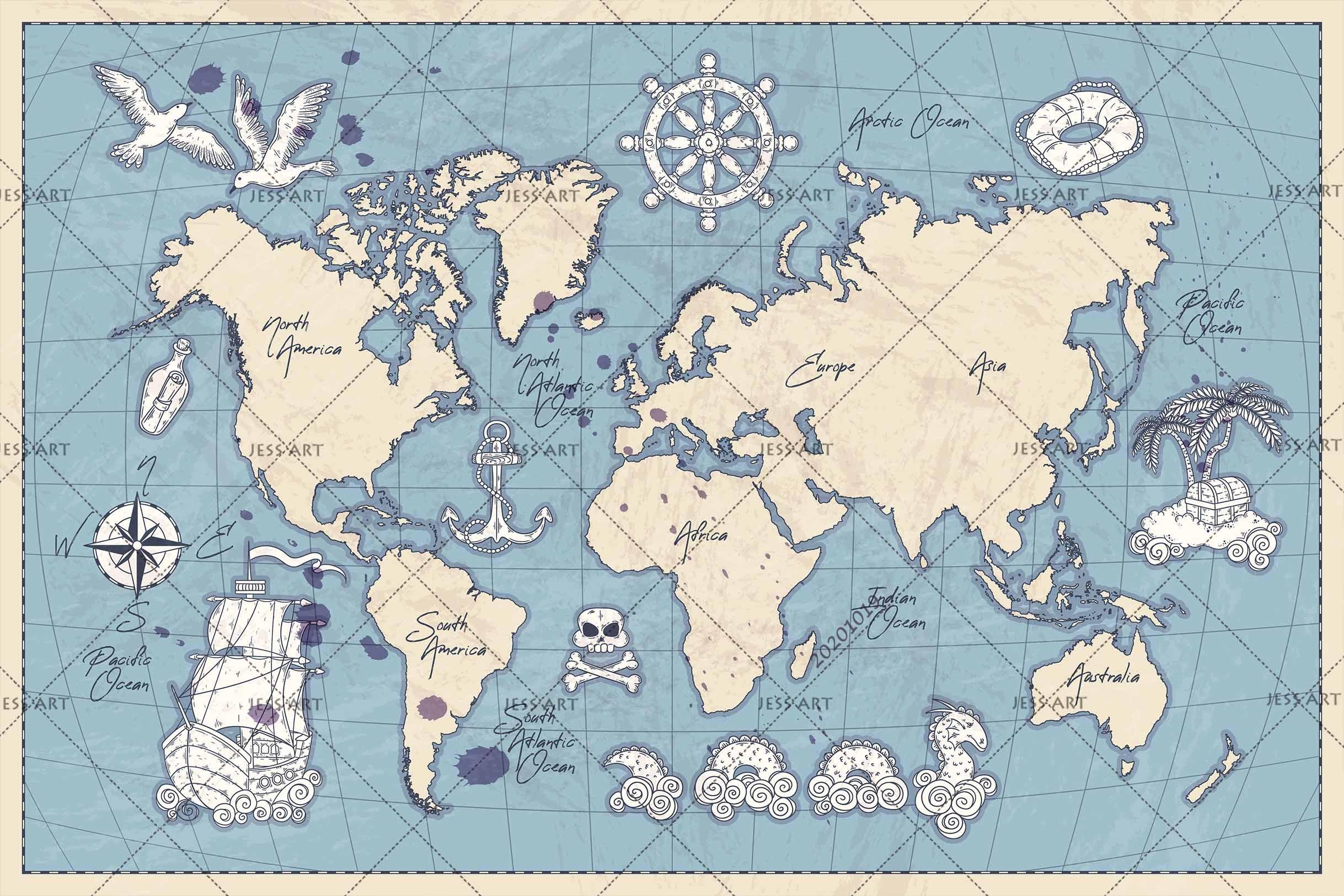 3D Hand Drawn Sea World Map Wall Mural Wallpaper WJ 9434- Jess Art Decoration