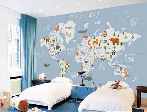 3D Kids Animal World Map Removable Wallpaper,Peel and stick Wall Mural, Floral, Wall Art,Wall Decal,Kids,Nursery,Wall Sticker 13- Jess Art Decoration