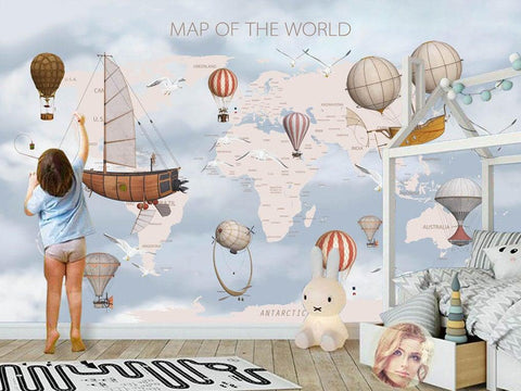 3D Kid World Map Hot Balloon Removable Wallpaper- Jess Art Decoration