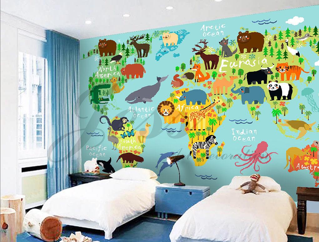3D Nursery Kids Animals  World Map  Removable Wallpaper- Jess Art Decoration