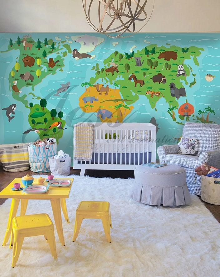 3D Nursery Kids Animals  World Map  Removable Wallpaper- Jess Art Decoration