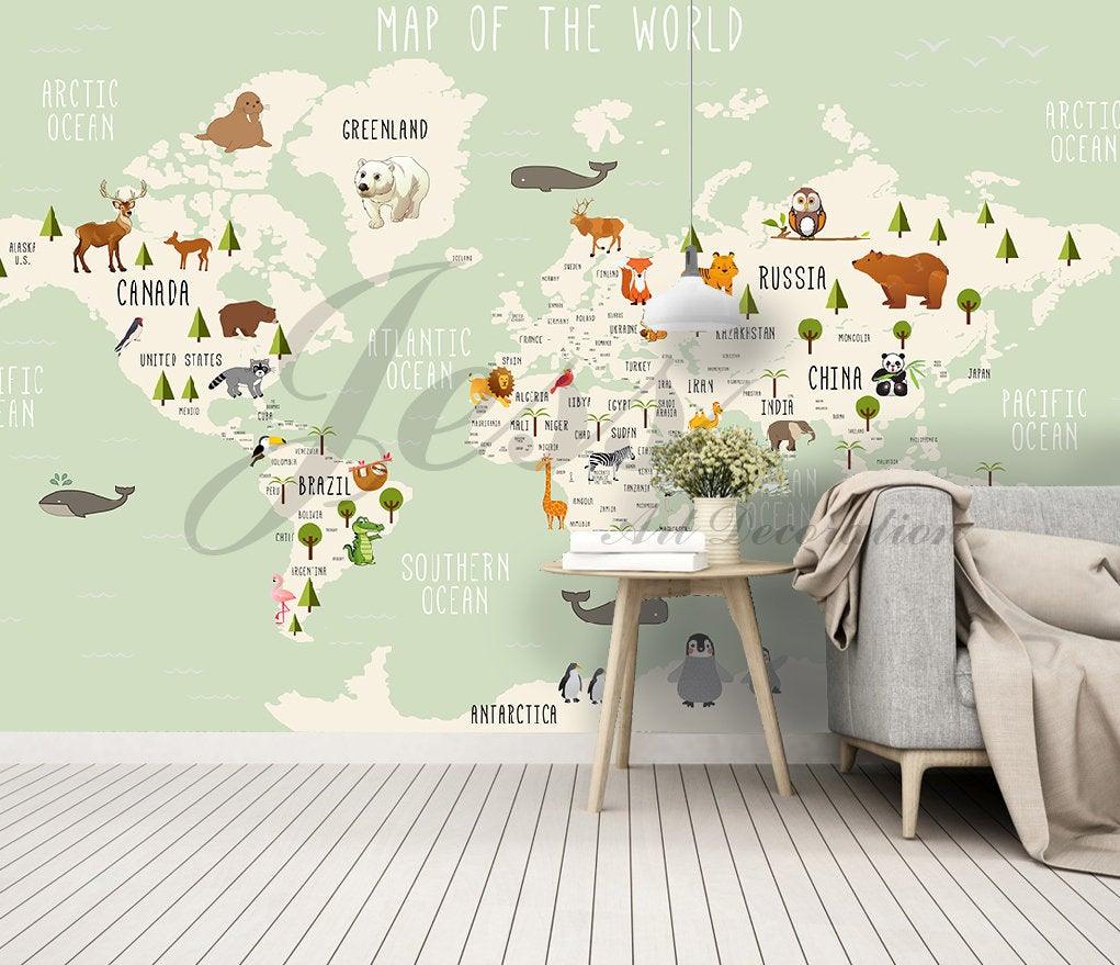3D Nursery Kids Room Animal World Map   Removable Wallpaper Peel Stick Wall Mural,Wall Decal,Children Toddler,Baby, Wall Sticker L9- Jess Art Decoration