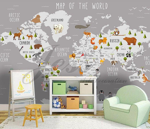 3D Nursery Kids Room Animal World Map   Removable Wallpaper Peel Stick Wall Mural,Wall Decal,Children Toddler,Baby, Wall Sticker L9- Jess Art Decoration