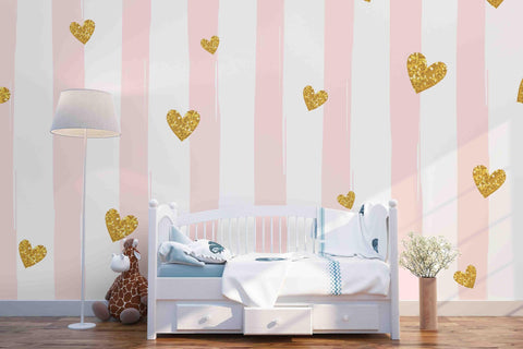 3D Pink Strips Gold Heart Removable Wallpaper,Peel & stick Wall Mural, Wall Art,Wall Decal,Kids,Nursery,Wall Sticker,Jess Art 42- Jess Art Decoration