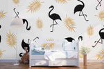 Silhouette of a flamingo and palm branch on a white background Removable Wallpaper,Peel & stick Wall Mural, Wall Art Jess Art- Jess Art Decoration