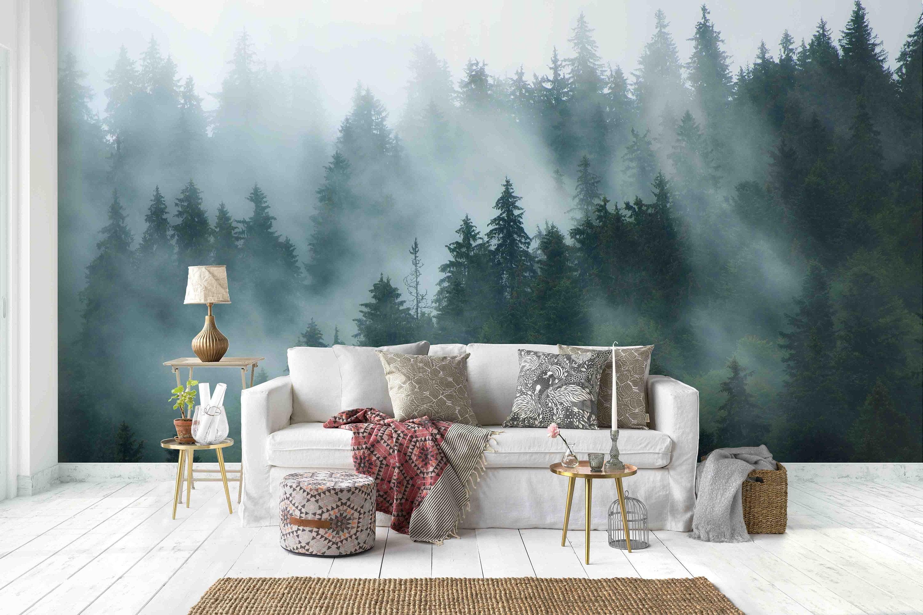 3D Misty landscape with fir forest in hipster vintage retro style  Mural  Removable Wallpaper,Peel & stick Wall Mural, Wall Art,Wall Decal- Jess Art Decoration