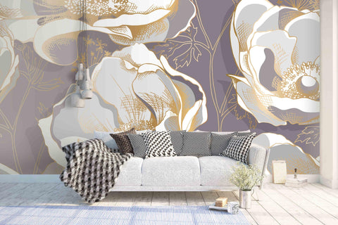 3D Grey Background White and Gold Floral Pattern Removable Wallpaper,Peel & stick Wall Mural, Floral, Wall Art,Wall Sticker,Jess Art 42- Jess Art Decoration
