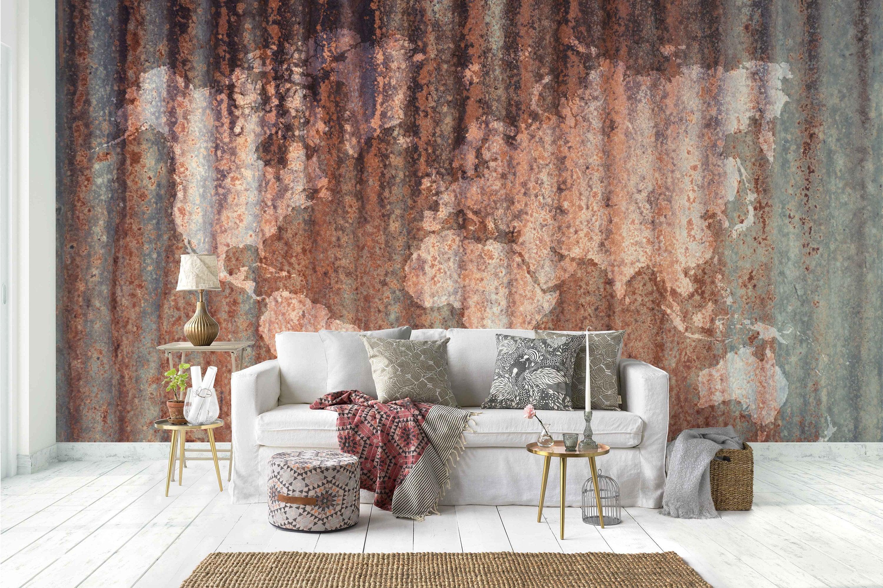 3D Metal rust wall texture, Vintage style, World map Wallpaper- Jess Art Decoration