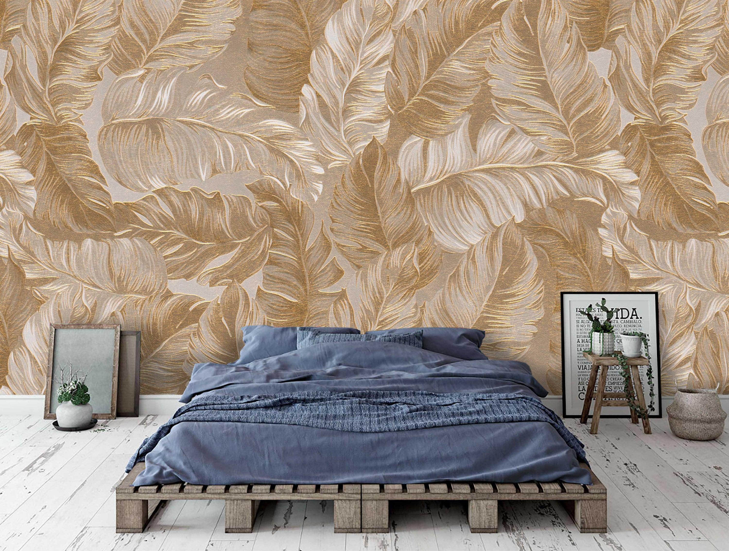 3D Tropics,Golden-white palm leaves,Tropical plants Wallpaper,Removable Self Adhesive Wallpaper, Wall Mural,Vintage art,Peel and Stick- Jess Art Decoration