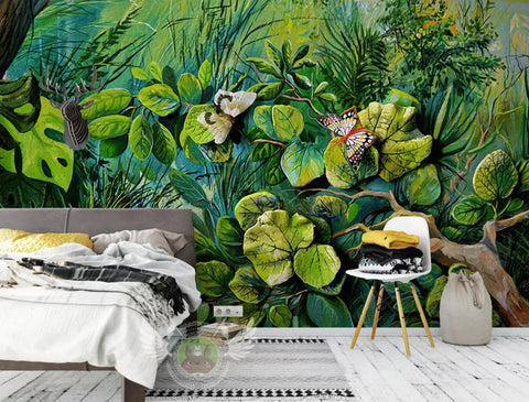 3D Tropical, Butterfly, Green vegetation Wallpaper- Jess Art Decoration