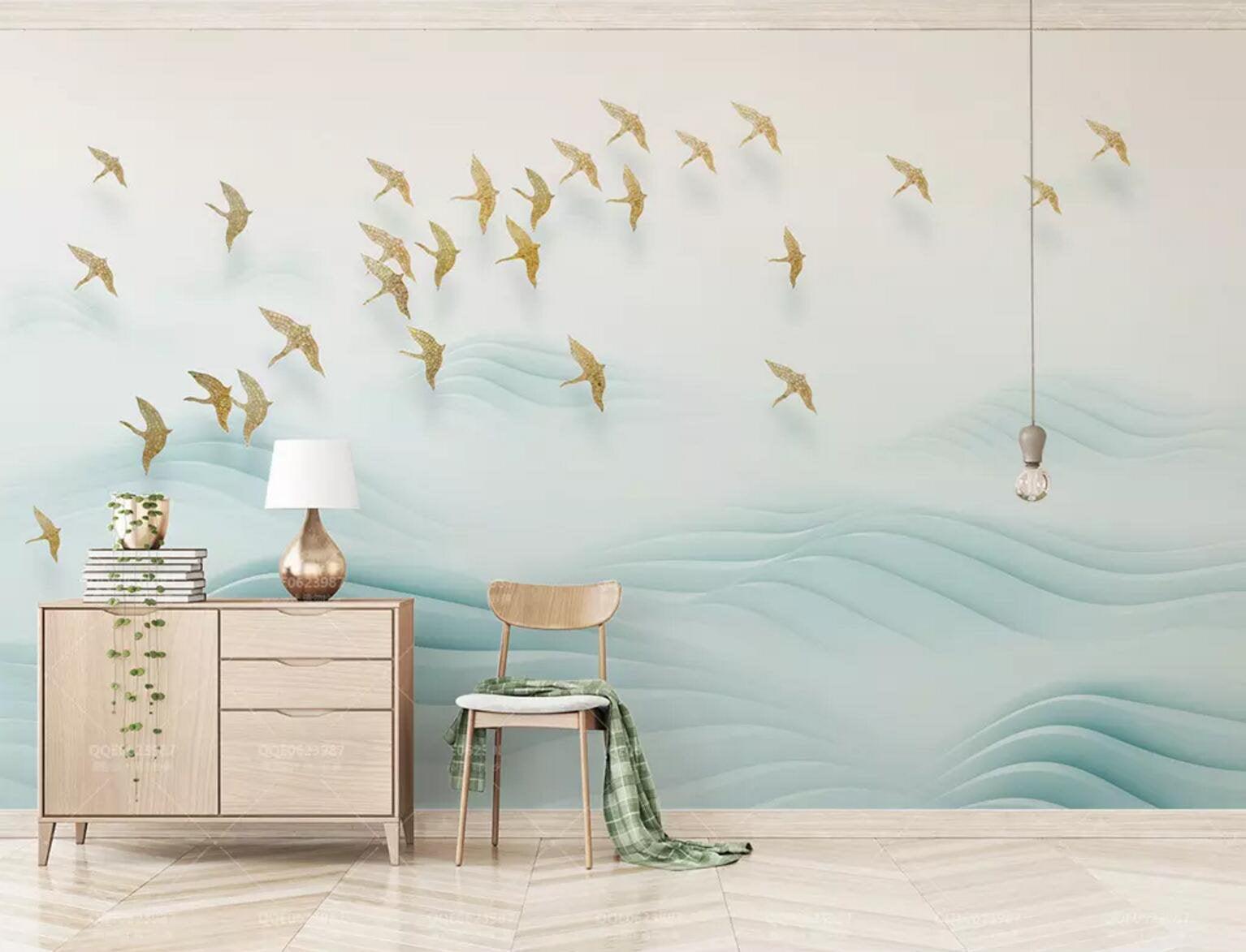 3D Laminated hills, Golden birds Wallpaper,Removable Self Adhesive Wallpaper,Wall Mural,Vintage art,Peel and Stick- Jess Art Decoration
