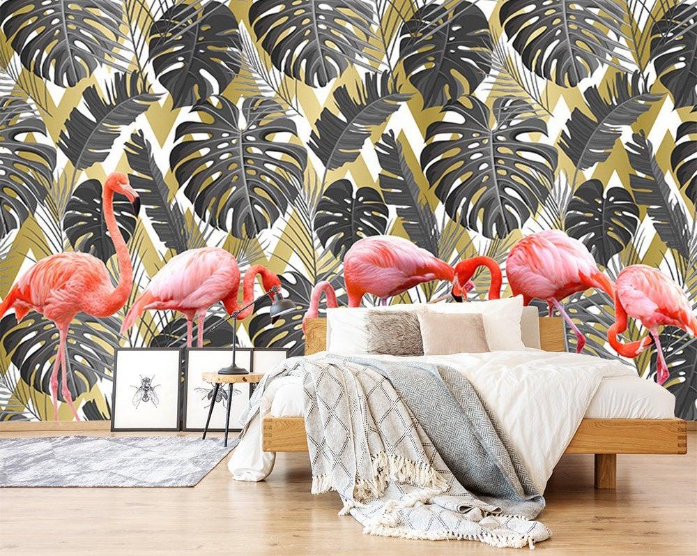 3D Tropical scenery,Repetitive,Banana leaf,Flamingos Wallpaper,Removable Self Adhesive Wallpaper,Wall Mural,Vintage art,Peel and Stick- Jess Art Decoration