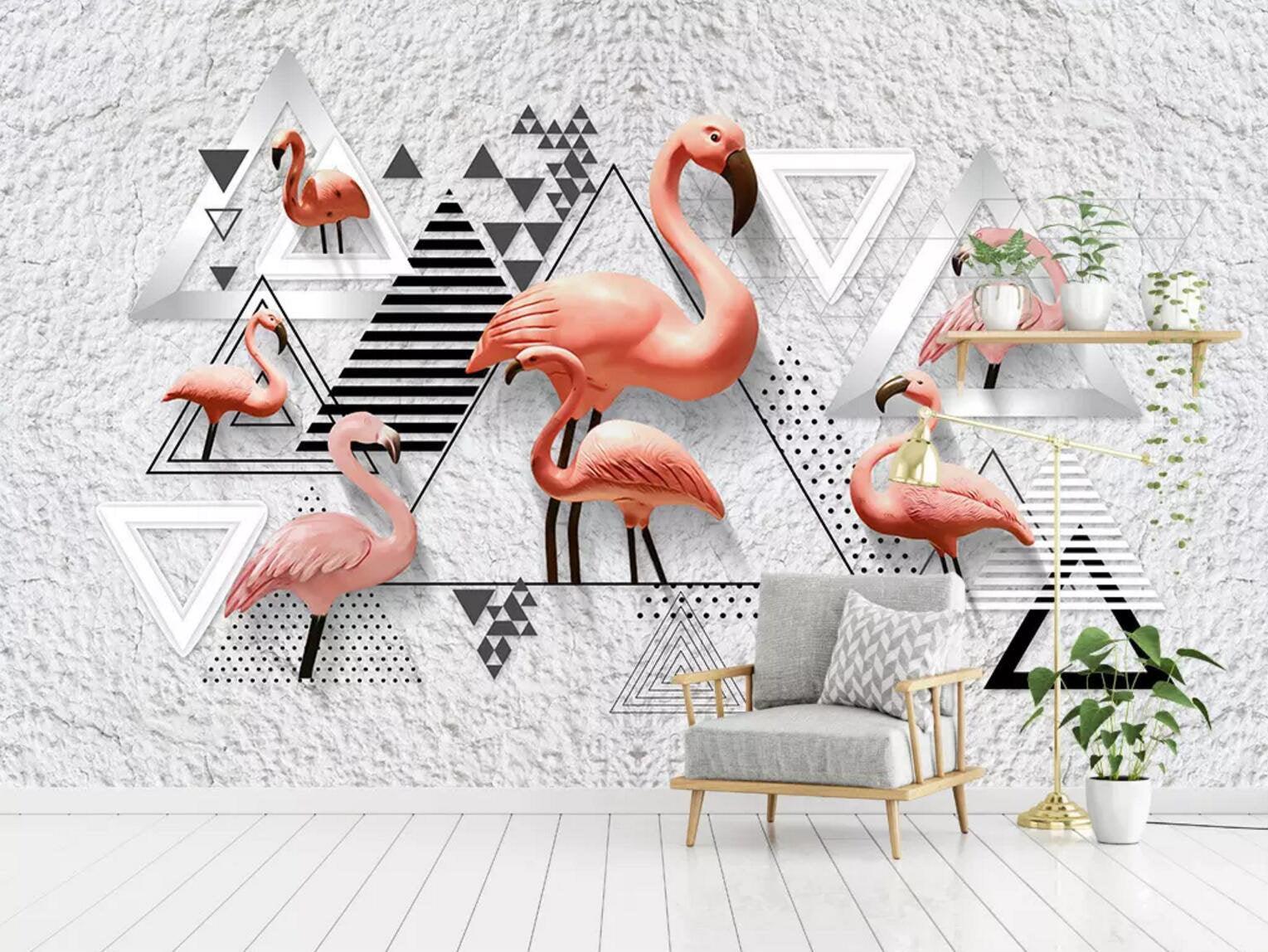 3D Abstract graphics, Relief, Flamingos Wallpaper, Removable Self Adhesive Wallpaper, Wall Mural, Vintage art, Peel and Stick- Jess Art Decoration