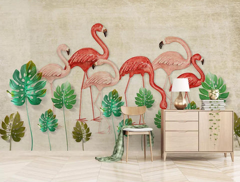 3D Simple, Fresh, Vintage, Banana leaf, Flamingo Wallpaper- Jess Art Decoration
