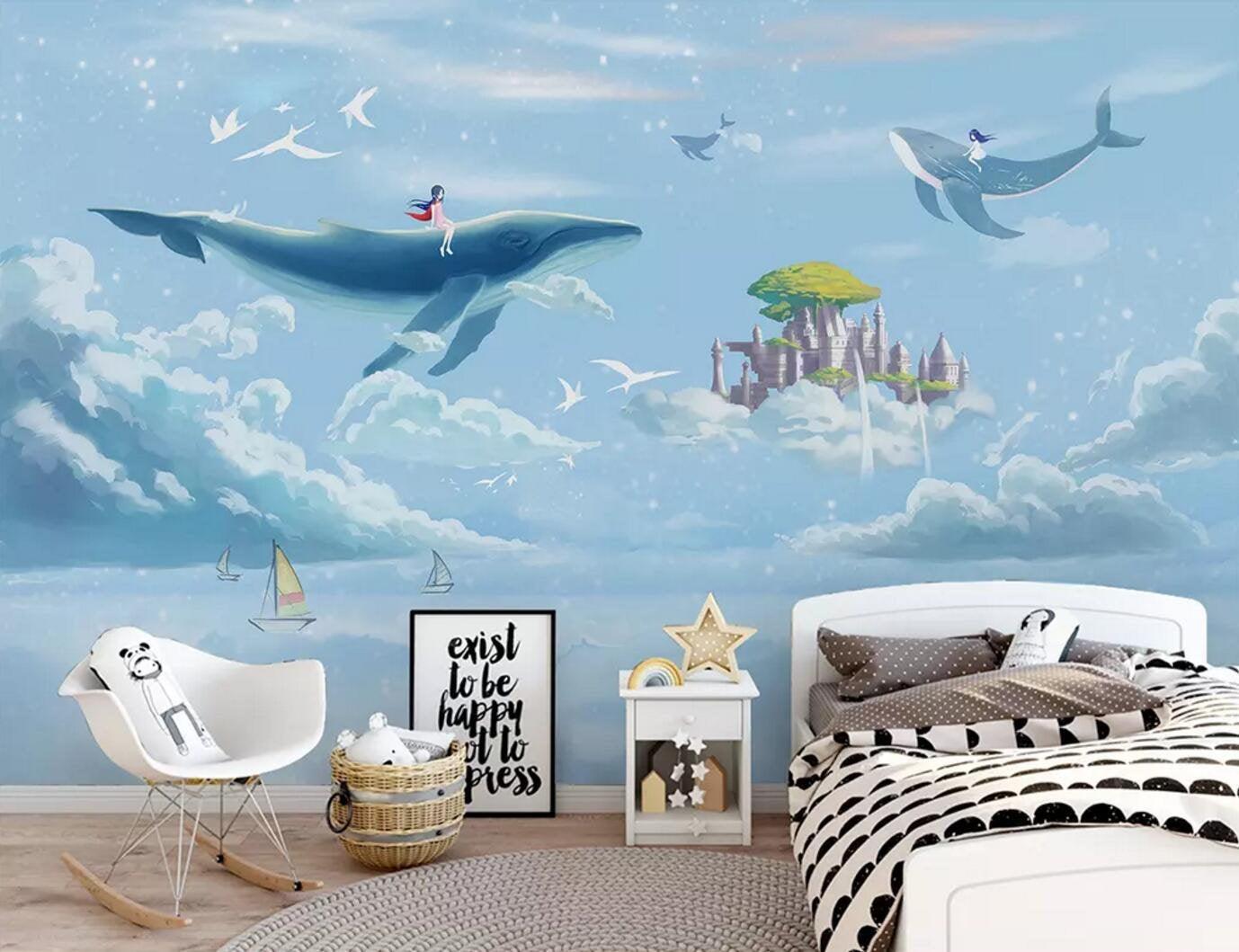 3D Kids, Cartoon, Sky, Whale Wallpaper-Nursery- Jess Art Decoration