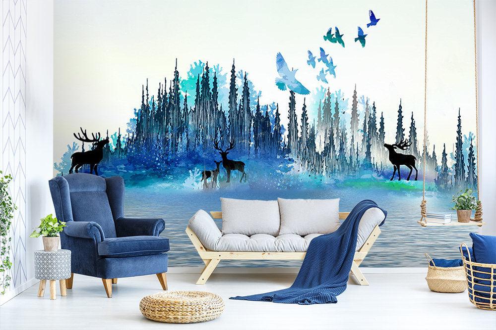 3D Kids, Dreams, Birds, Forest, Elk Wallpaper-Nursery- Jess Art Decoration