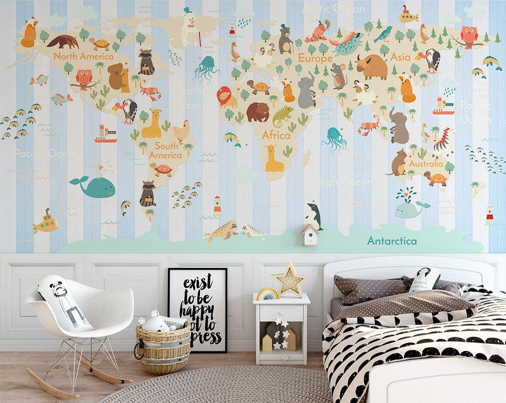 3D Kids, Cartoons, Animal, World map Wallpaper-Nursery- Jess Art Decoration