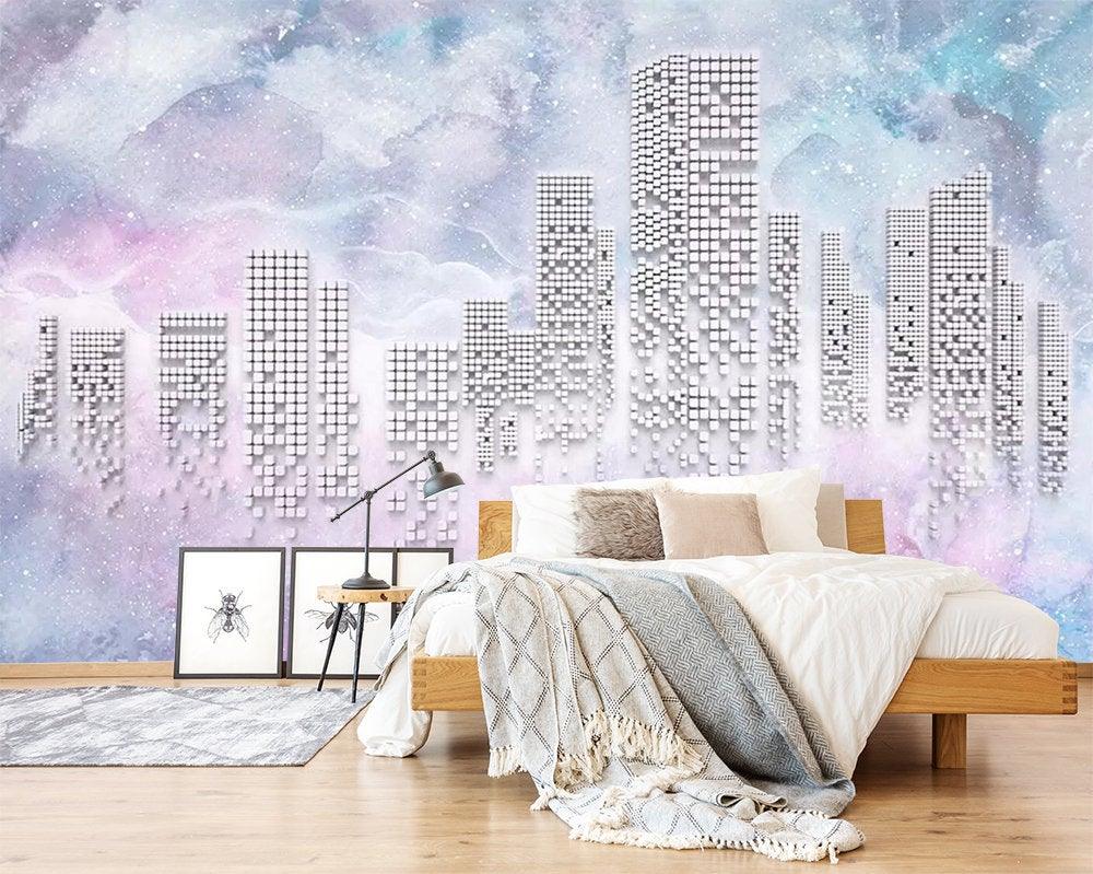 3D Lavender background, Silver, Pixel style, Architecture Wallpaper,Removable Self Adhesive Wallpaper, Wall Mural,Vintage art,Peel and Stick- Jess Art Decoration