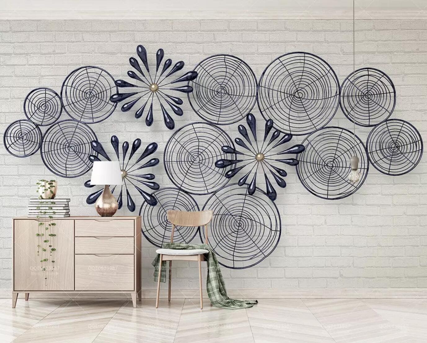 3D White brick walls, Blue, Abstract flower Wallpaper- Jess Art Decoration