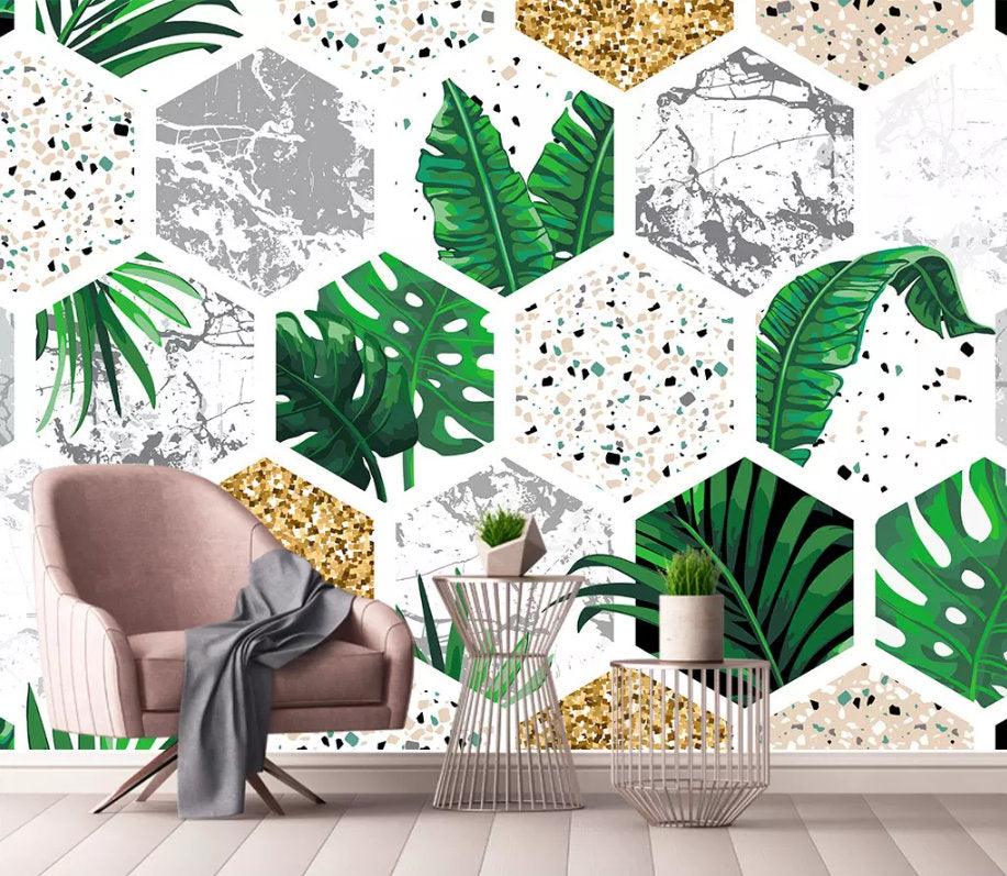 3D Abstract, Hexagonal, Plant Wallpaper- Jess Art Decoration