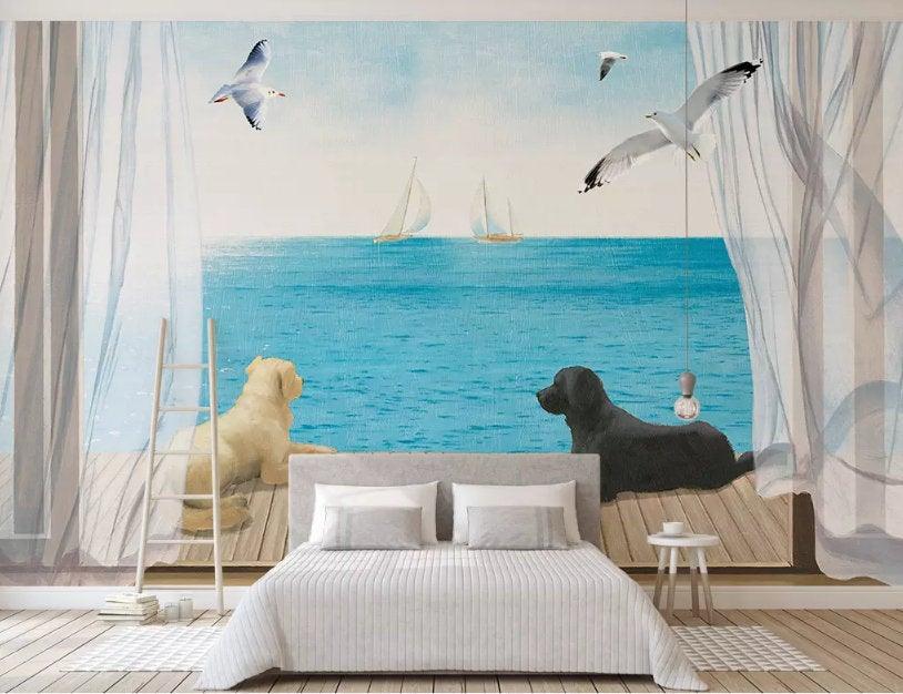 3D Warm, Beach, Dog, Seagull Wallpaper- Jess Art Decoration