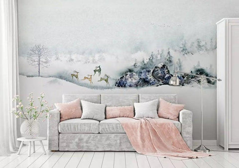 3D Pure, Snow, Galloping deer Wallpaper- Jess Art Decoration