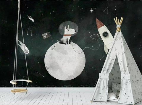 3D Kids, Moon, Space, Astronaut dog Wallpaper-Nursery- Jess Art Decoration