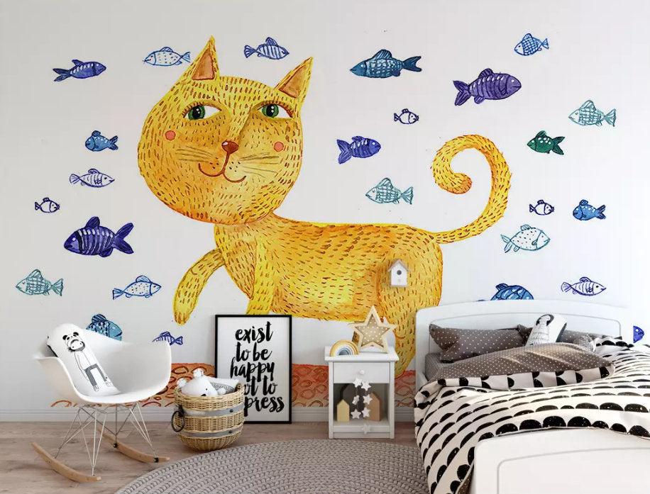 3D Kids, Cartoon, Cat, Fish Wallpaper-Nursery- Jess Art Decoration