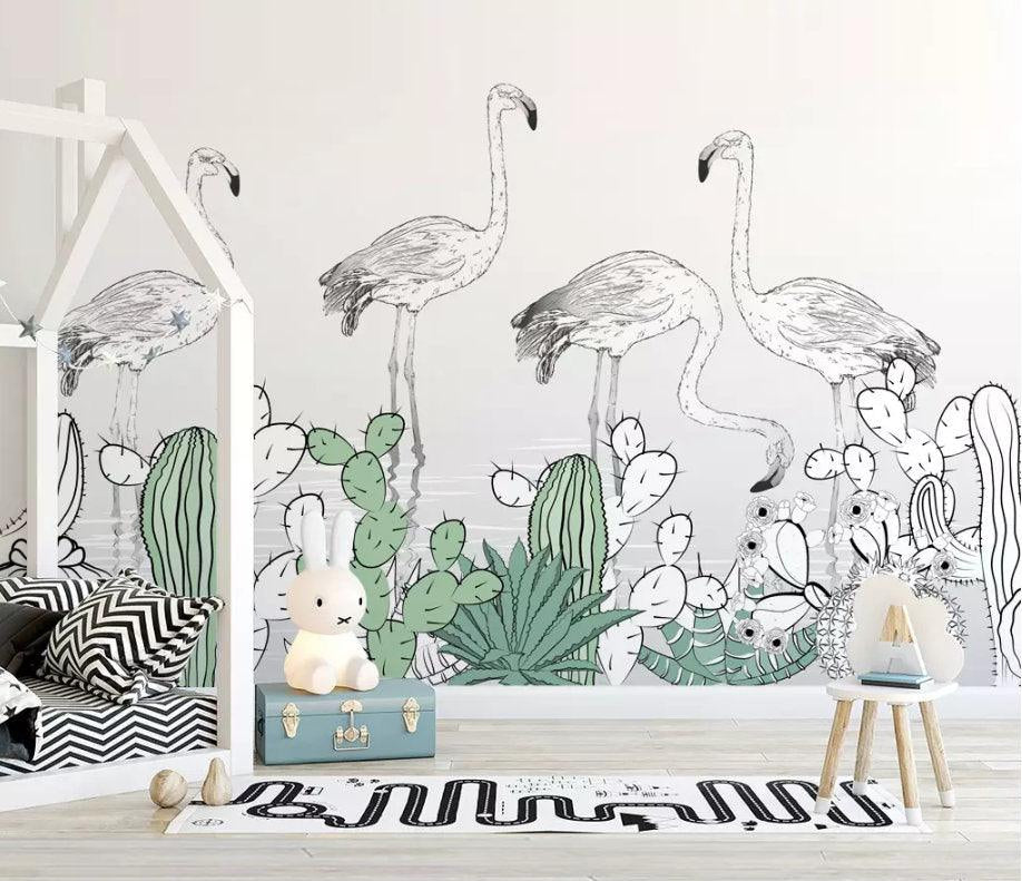 3D Kids, Tropical, Flamingo, Plant Wallpaper-Nursery- Jess Art Decoration