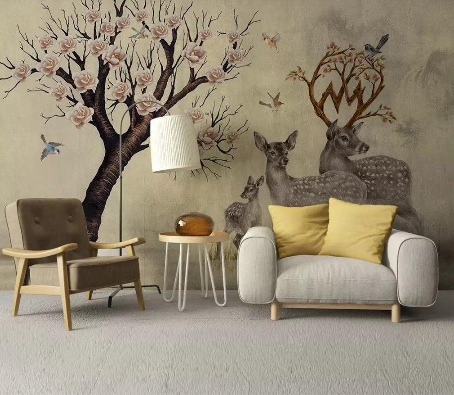3D Rich trees, Elk, Flower, Bird Wallpaper- Jess Art Decoration