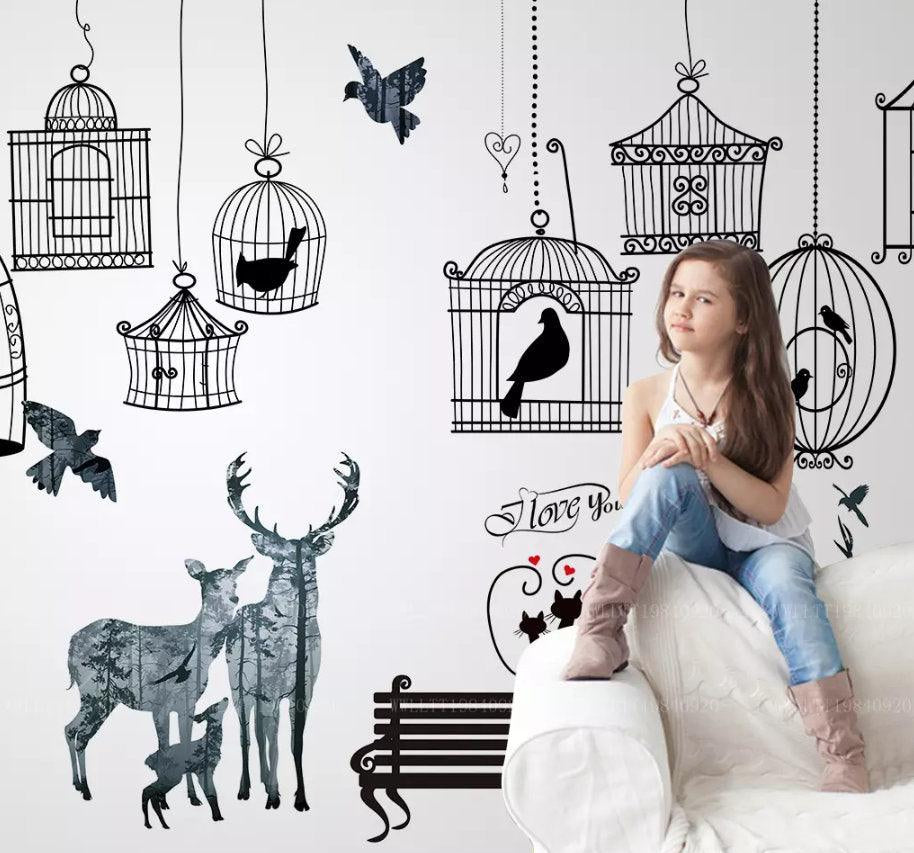 3D Kids, Cartoons, Cage, Bird, Elk Wallpaper-Nursery- Jess Art Decoration