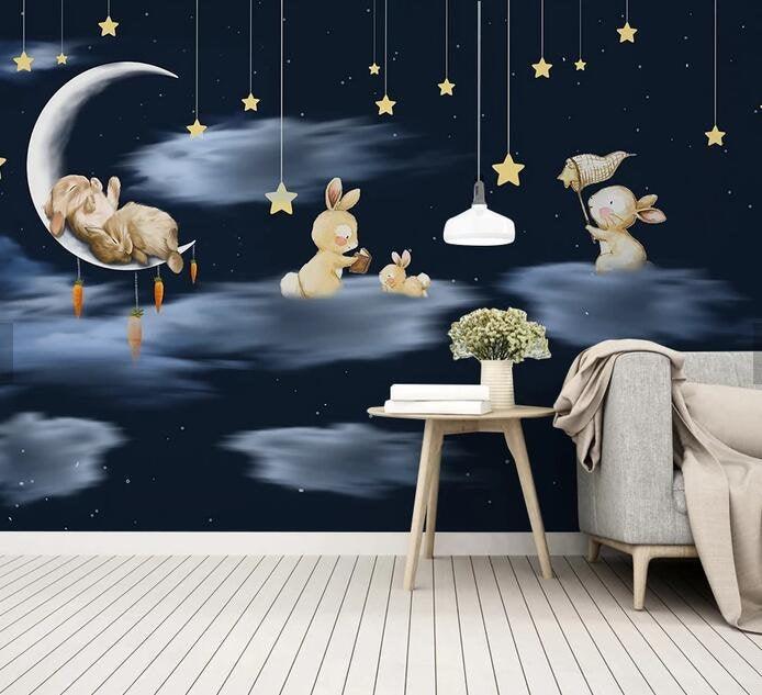 3D Kids, Cartoon,Dreamy night,Rabbit Wallpaper-Nursery- Jess Art Decoration