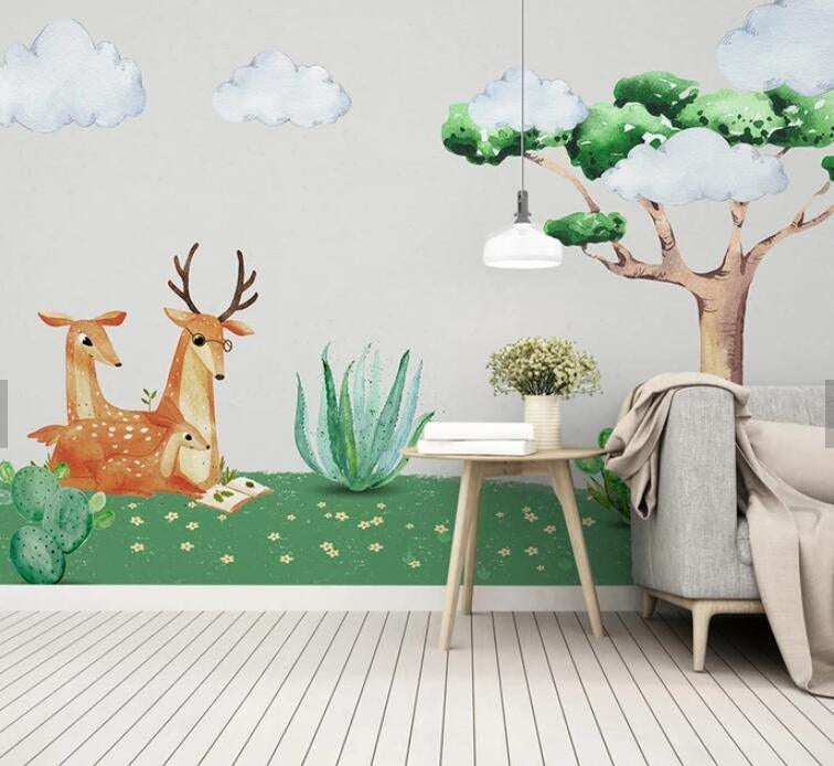 3D Kids, Watercolor, Sika deer Wallpaper-Nursery- Jess Art Decoration