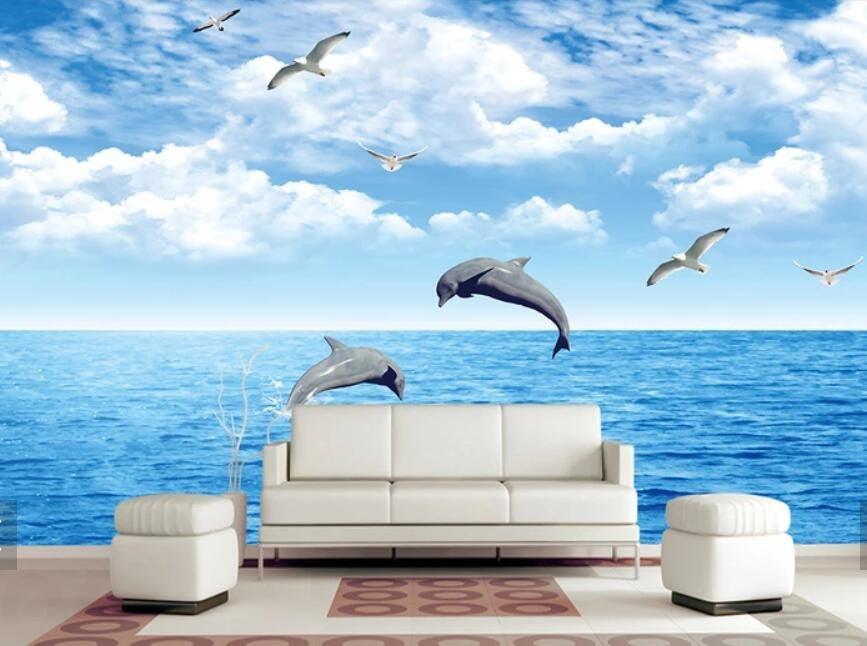 3D Bay, Dolphins Wallpaper- Jess Art Decoration