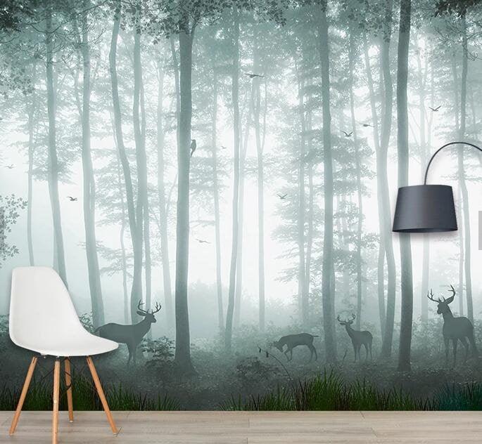 3D Fog, Forest, Elk Wallpaper- Jess Art Decoration