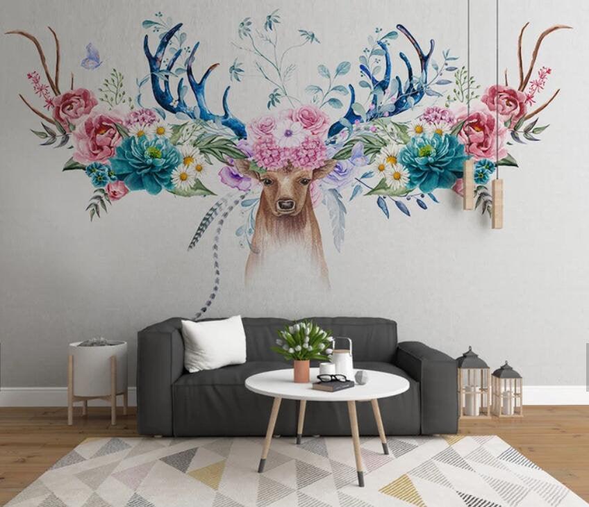 3D Hand-painted, Colorful flower, Elk head Wallpaper- Jess Art Decoration