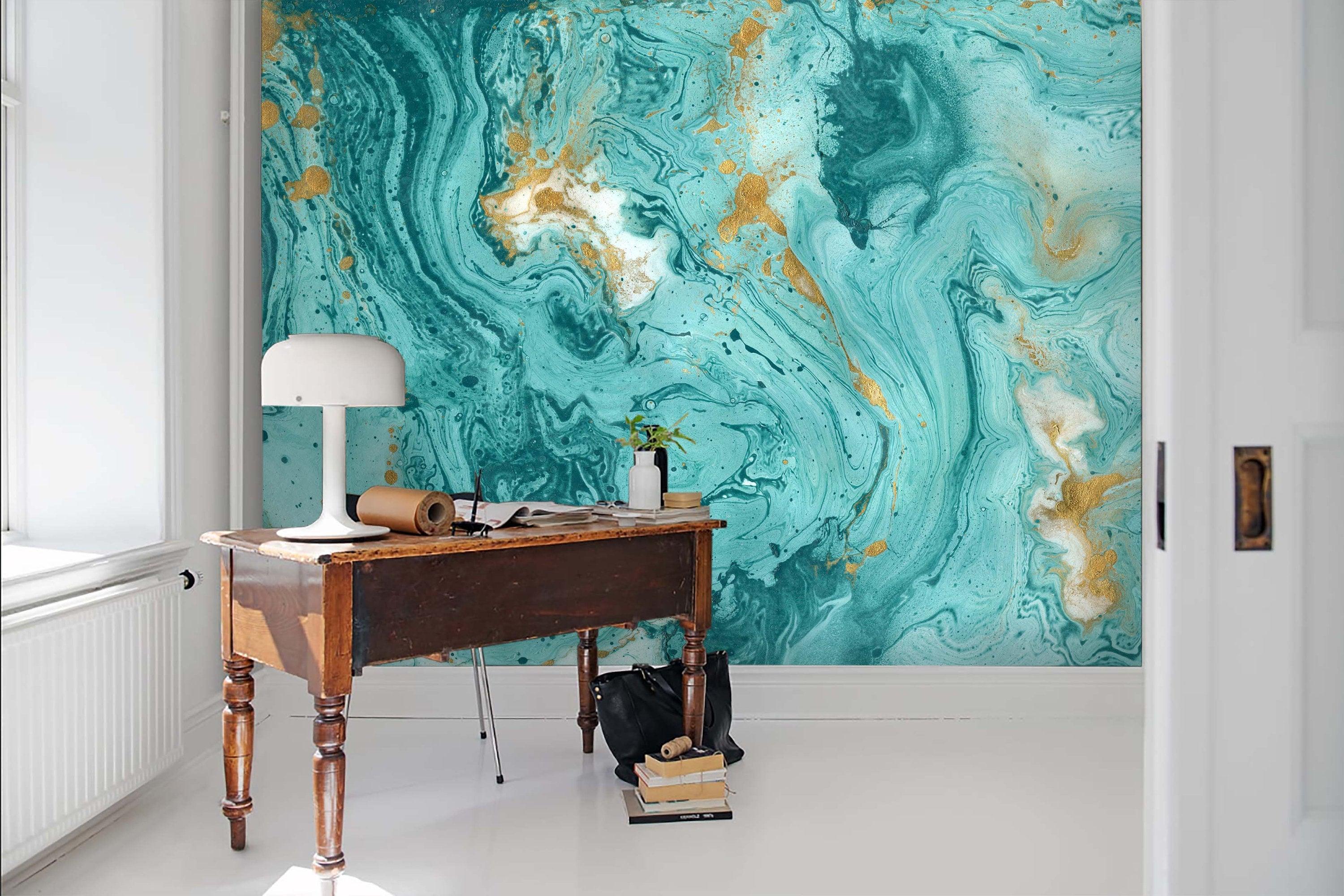 3D Gold foil, Blue-tones, Watercolor smudge Wallpaper- Jess Art Decoration