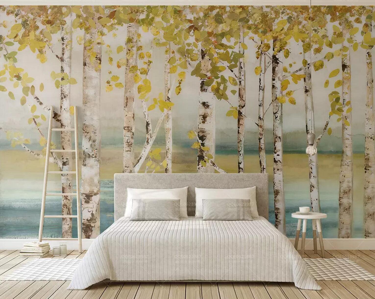 3D Watercolor, Serenity, Lakes, Birch forests Wallpaper- Jess Art Decoration