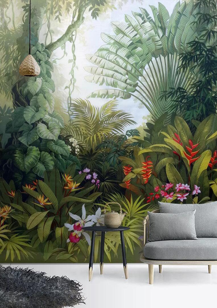 3D Tropical rainforest, Lush vegetation, Palm leaves Wallpaper- Jess Art Decoration