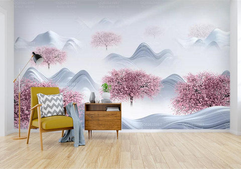 3D Stacked mountains, Cherry trees Wallpaper- Jess Art Decoration