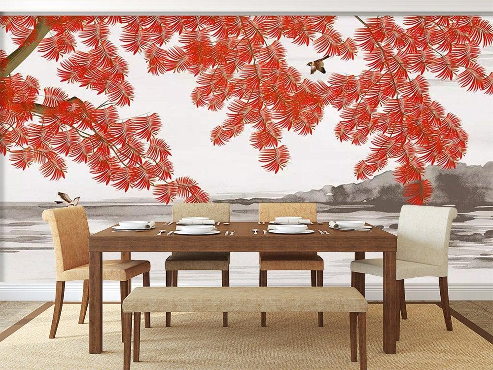 3D Autumn, Bleak, Riverside, Maple leaf Wallpaper- Jess Art Decoration
