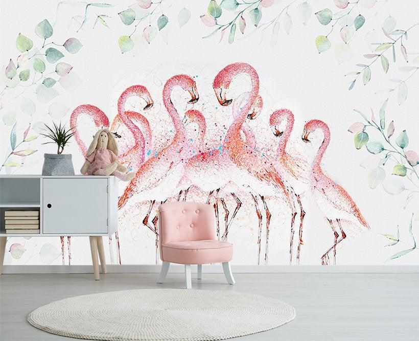 3D Watercolor, Green leaf, Flamingos Wallpaper- Jess Art Decoration
