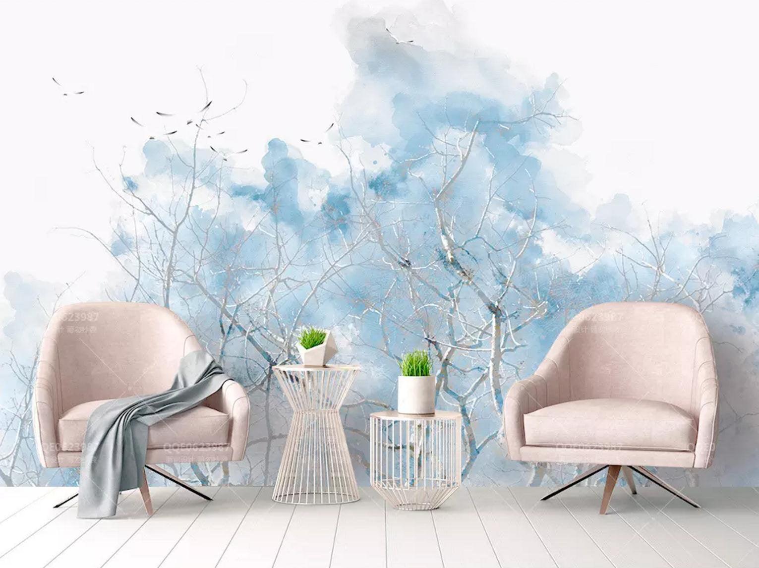 3D Watercolor, Winter, Snow, Bird, Branch Wallpaper- Jess Art Decoration