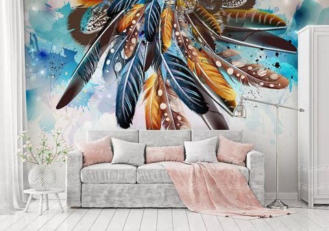 3D Watercolor background,Indian style,Colorful feather Wallpaper,Removable Self Adhesive Wallpaper,Wall Mural,Vintage art,Peel and Stick- Jess Art Decoration